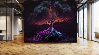 illustration of big tree with lush foliage and powerful roots in neon colors. AI Wall mural