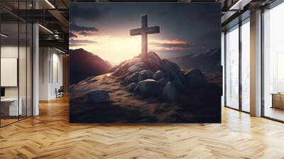 illustration of Christian cross appears bright in the sky background. AI Wall mural