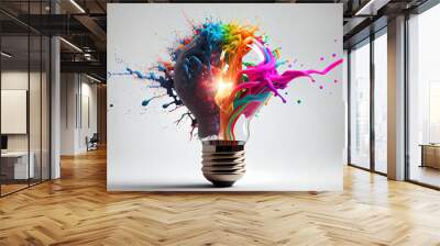 illustration of colorful bulb with splash of colors on white background . AI Wall mural