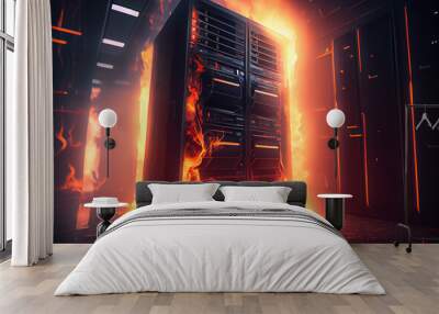 illustration of data center service on fire puffs of smoke information leak. ai Wall mural