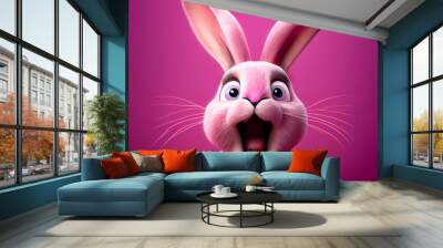 illustration of funny pink easter rabbit excided and look amazed. AI Wall mural