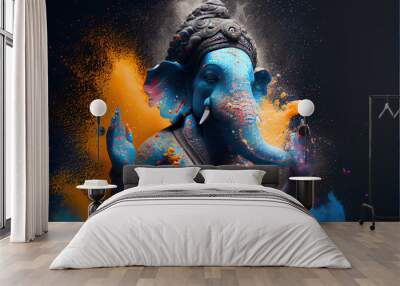 illustration of ganesha in holi dust splash on black background Wall mural