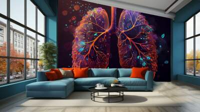 illustration of human lungs and bacteria infect the organ in neon colors. AI Wall mural