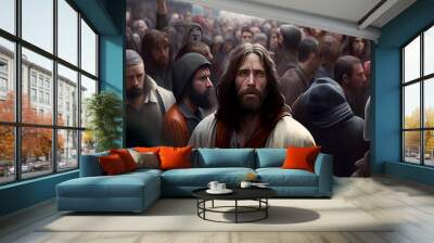 illustration of Jesus walk in modern city among the crowd and buildings AI. Wall mural