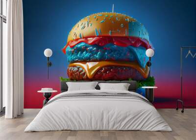 illustration of lue red colored burger with American flag on top . AI Wall mural