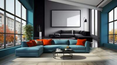 illustration of stylish modern black and gray living room with cozy sofa and empty frame on wall. AI Wall mural