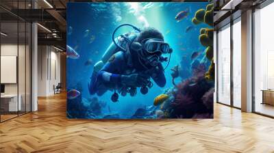 illustration of underwater world with diver and coral reefs. AI Wall mural