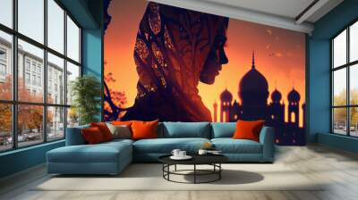 illustration of woman in hijab praying in the mosque . AI Wall mural