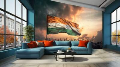 Indian flag on a crowd background. Wall mural