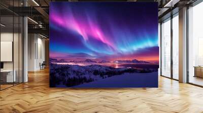 landscape 3d illustration northern lights on the picturesque view over the lake and mountains Wall mural