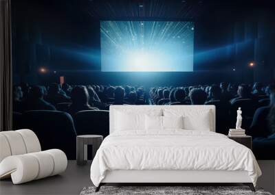 large audience watching movie mockup white screen in cinema Wall mural