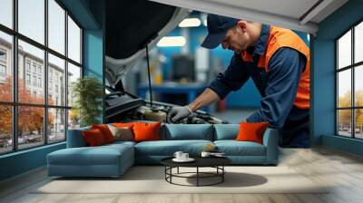 Mechanic repairs a vehicle in an automotive workshop during daytime while using a wrench and inspecting the engine components Wall mural