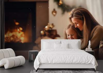 Mother with child sitting by the fireplace on a winter evening Wall mural