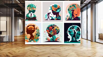 set vector illustration of head with plant blooming inside world mental health day Wall mural