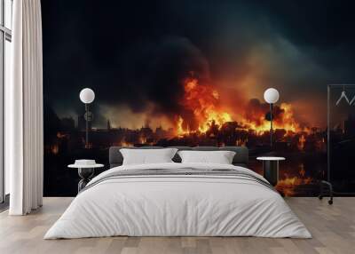 The city at night is engulfed in flames and fire and smoke are burning Wall mural