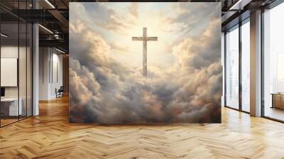 The cross shines and descends from the sky with the sun's glow, easter concept Wall mural