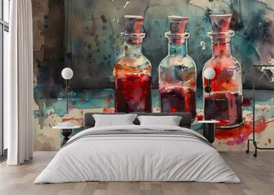 Three bottles of red liquid with cork stoppers Wall mural