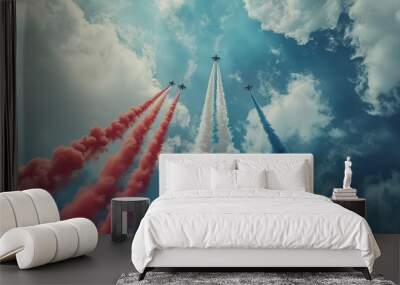 Three fighter jets are flying in the sky, leaving a trail of red, blue Wall mural