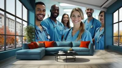 Three healthcare professionals smiling together in a hospital corridor Wall mural