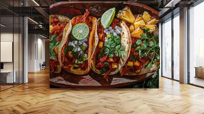 Three tacos with pineapple and cilantro on a blue plate Wall mural