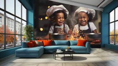 two afro ethnic kinds cooking christmas cookies at kitchen Wall mural