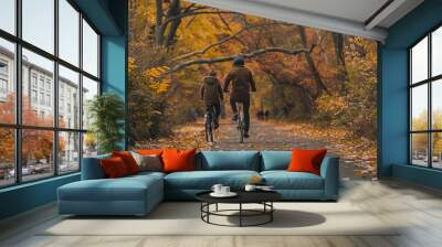 Two people are riding bikes in a forest with leaves on the ground Wall mural