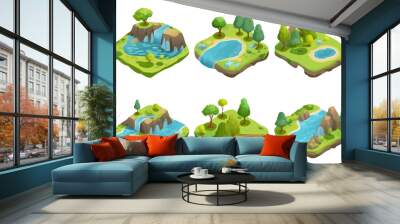 ui set vector illustration of isometric flying waterfall island isolated on white background Wall mural