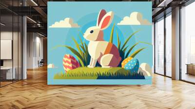 vector illustration of bunny with easter eggs in spring nature outdoors Wall mural