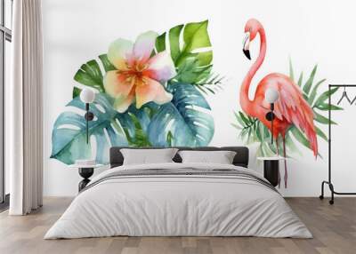 watercolor set illustration of pink flamingo among tropical flowers isolated on white background Wall mural