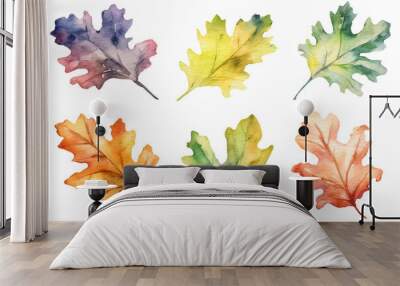 Watercolor set of beautiful colorful autumn oak leaf. Wall mural