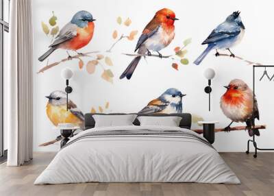 watercolor set vector illustraton of bird on a branch isolated on white background Wall mural