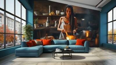 Woman in kitchen cooking over an open fire Wall mural