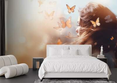 Woman looking at a set of butterflies ,spring concept Wall mural