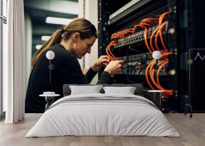 Woman installing router in datacenter Wall mural