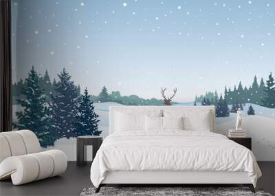 Christmas background. Snow winter landscape with deer. Wall mural