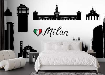 Milan city famous place travel set. Italy, architectural tourist landmark silhouettes. Historic buildings and modern skyscrapers. Italian touristic cityscape design. Wall mural