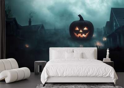 An eerie depiction of a pumpkin-headed silhouette surrounded by misty homes, capturing a chilling night atmosphere with dark spirits lurking Wall mural