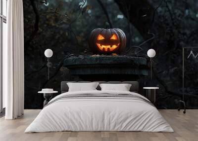 An eerie jack-o'-lantern placed on an old stone pedestal, with twisted branches and dark foliage surrounding it Wall mural