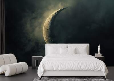 Crescent moon partially obscured by drifting clouds, shadowy face appearing faintly. Wall mural