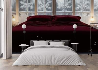 Elegant winter setting with a deep red velvet bedspread, soft lighting, and snowflakes visible through frosted windows. Wall mural