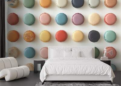 A perfectly aligned grid of colorful macarons in various pastel shades Wall mural