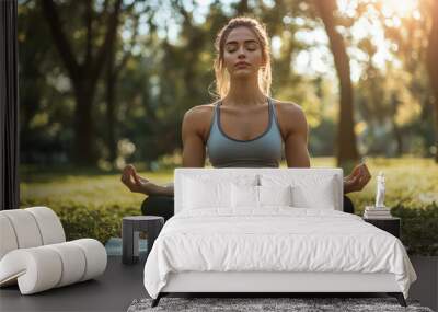 A young woman in sportswear doing yoga on a mat in a park, with bright sunlight filtering through the trees, looking peaceful and focused Wall mural