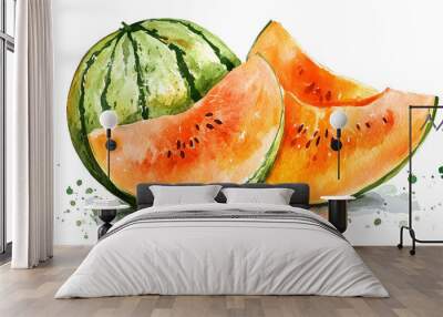 Simple vibrant watermelon, appetizing appearance, children's storybook illustration wet-on-wet watercolor cartoon style, isolated on white background Wall mural