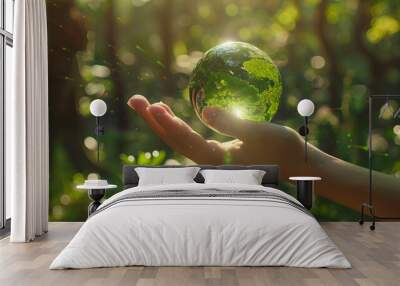 World Earth Day Concept. Green Energy, Renewable and Sustainable Resources. Environmental and Ecology Care. Hand Levitating a Green Handmade Globe Wall mural