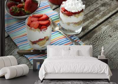 Strawberries dessert with biscuit and cream served on glasses Wall mural