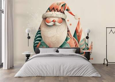 Simple illustration of Santa Claus with red hat and beard. Soft colors on a gray background Wall mural