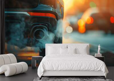 Close-up image of a car exhaust pipe with smoke. Wall mural