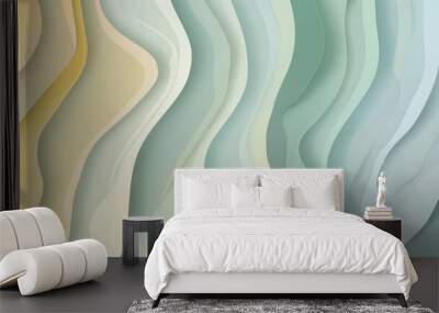 Soft pastel waves in light beige and green hues, creating an elegant abstract digital pattern with a sense of natural harmony. Wall mural