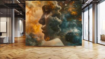  Contemplative profile of a woman in cosmic infinity. Double composition Wall mural