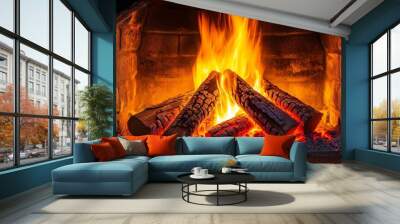 Glowing fireplace with burning logs in a cozy stone hearth Wall mural